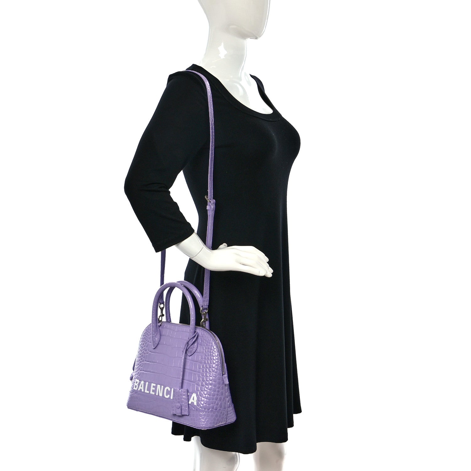 Balenciaga Shiny Calfskin Logo Crocodile Embossed S Ville Top Handle Bag Lilac White 2 of 11