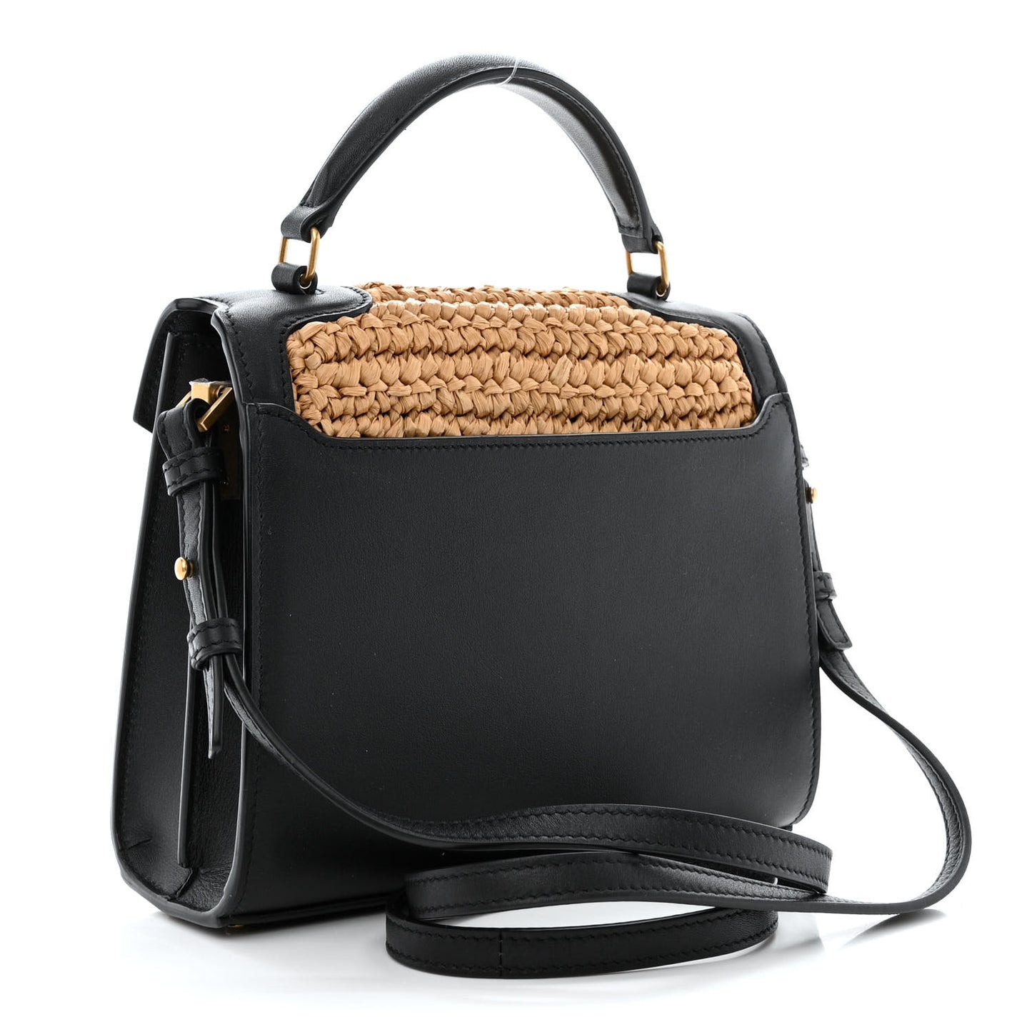 Raffia Calfskin Mini Classic Monogram Cassandra Top Handle Black Natural