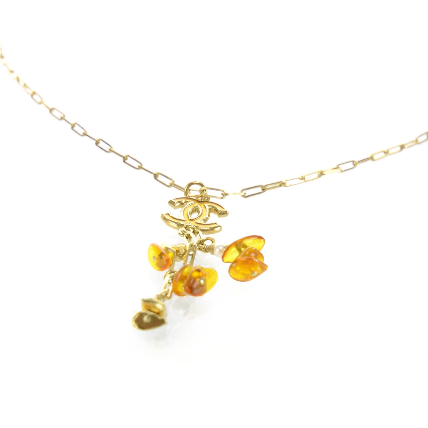 Hand Enameled Metal Amber Drop CC Necklace Gold