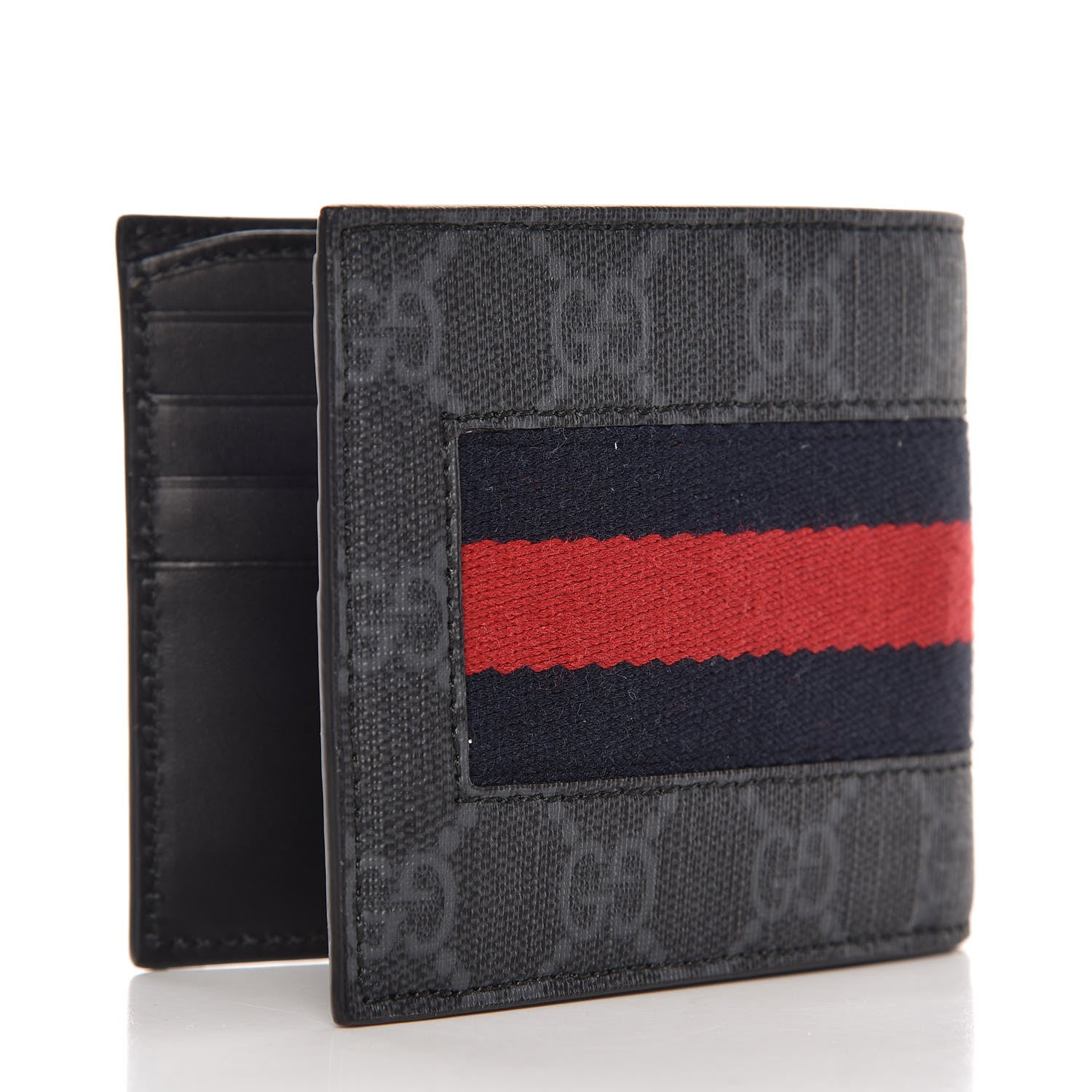 Gucci GG Supreme Monogram Selleria Calfskin Web New Web Bi-Fold Wallet Black 3 of 8