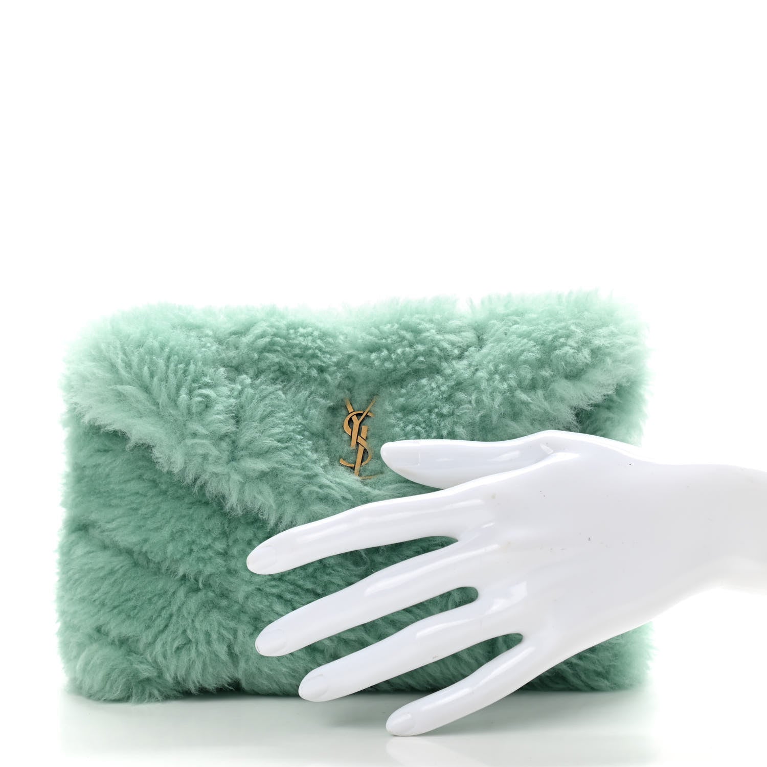 Saint Laurent Shearling Quilted Monogram Loulou Puffer Pouch Clutch Iced Mint 2 of 8