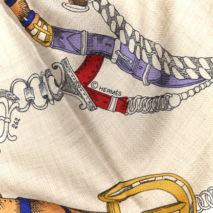 Hermes Cashmere Silk Chevaux Dechaines Shawl 140 Naturel Marine 4 of 5