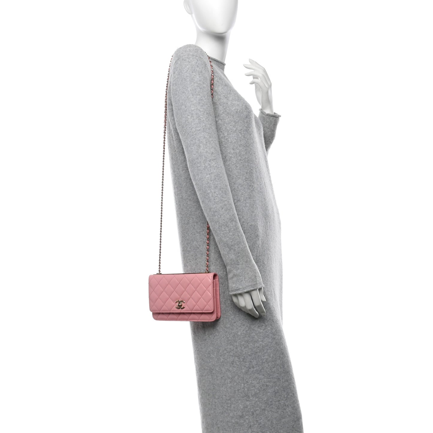 Lambskin Quilted Trendy CC Wallet On Chain WOC Pink