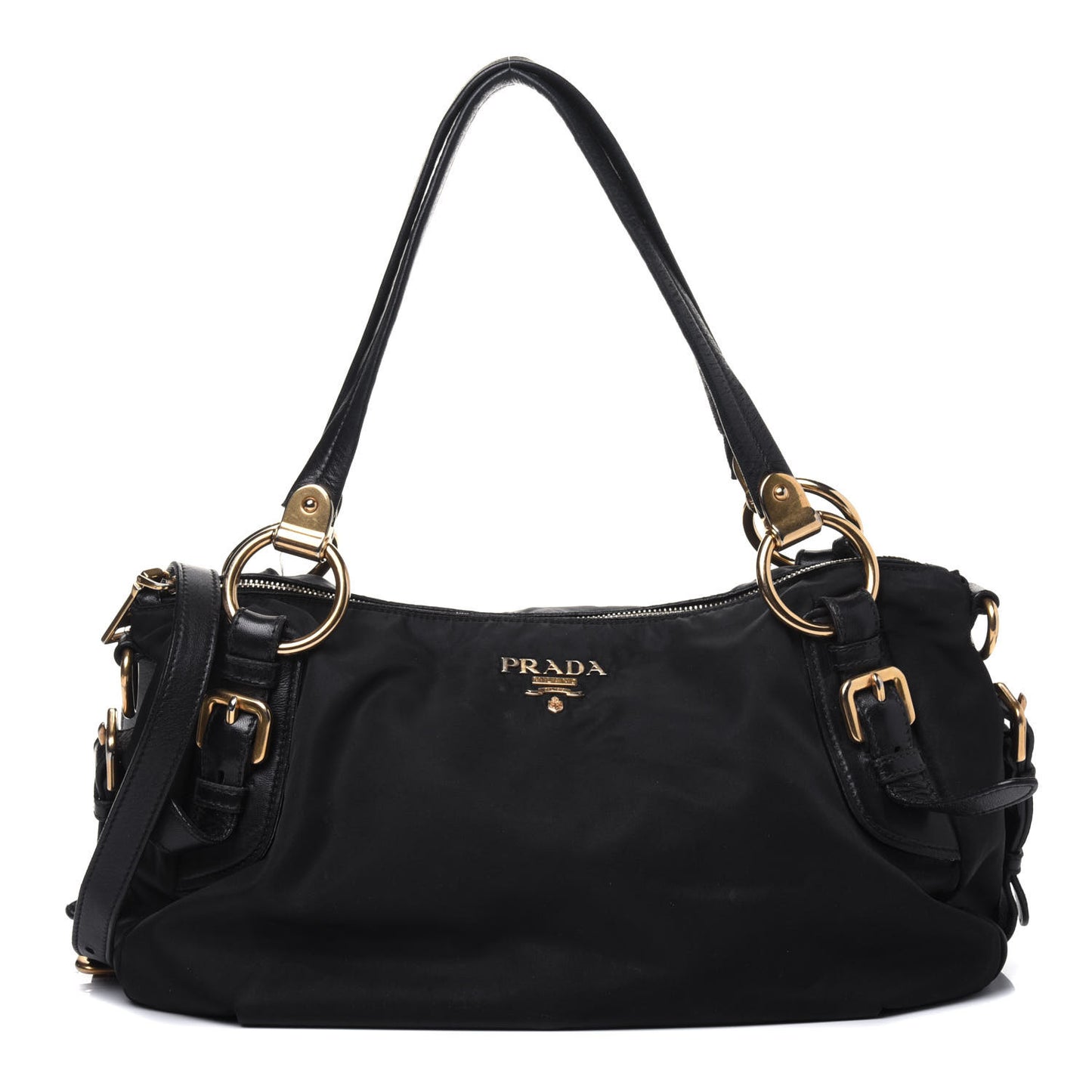 Nylon Tessuto Soft Calfskin Small Shopping Satchel Black