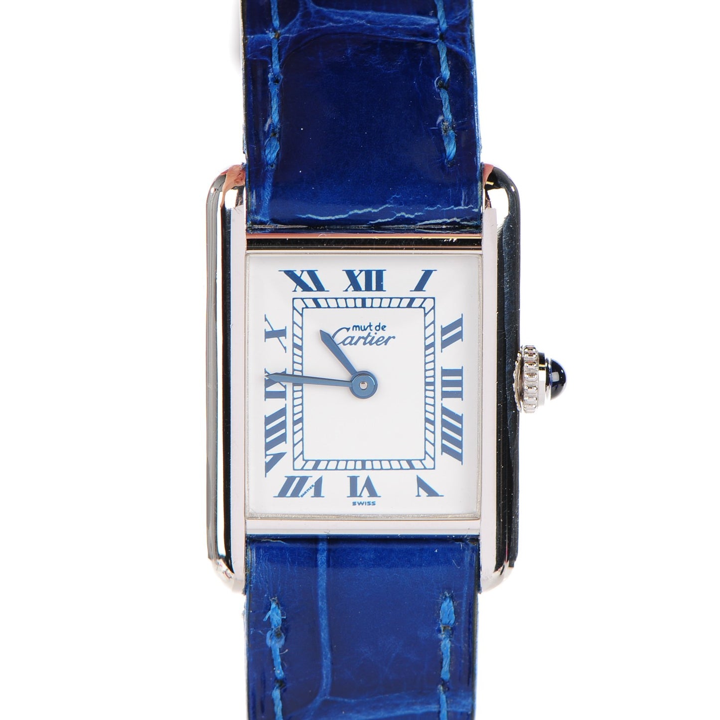 Sterling Silver Alligator 20mm Must de Cartier Tank Quartz Watch Blue