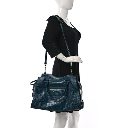 Balenciaga Calfskin Crocodile Embossed Neo Classic Silver Hardware Medium City Dark Petrol Blue 2 of 11