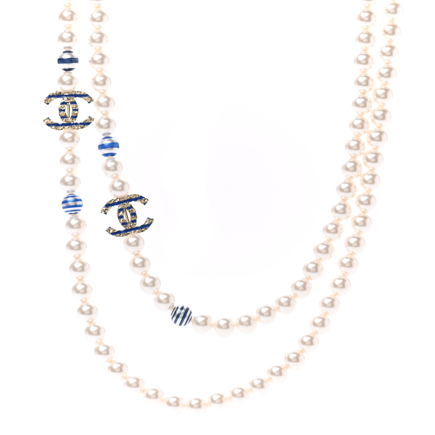Resin Pearl Striped CC Long Necklace Blue Gold
