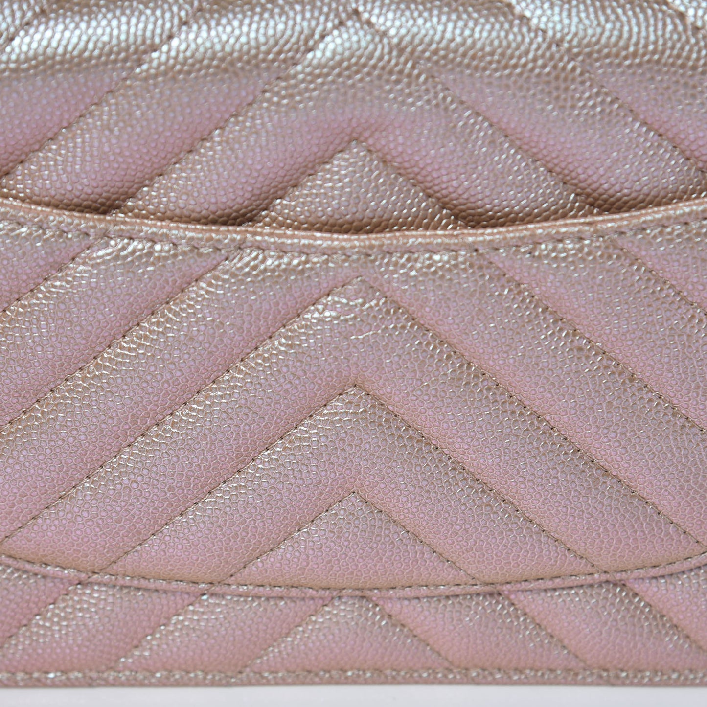 Metallic Caviar Chevron Quilted Wallet On Chain WOC Light Gold