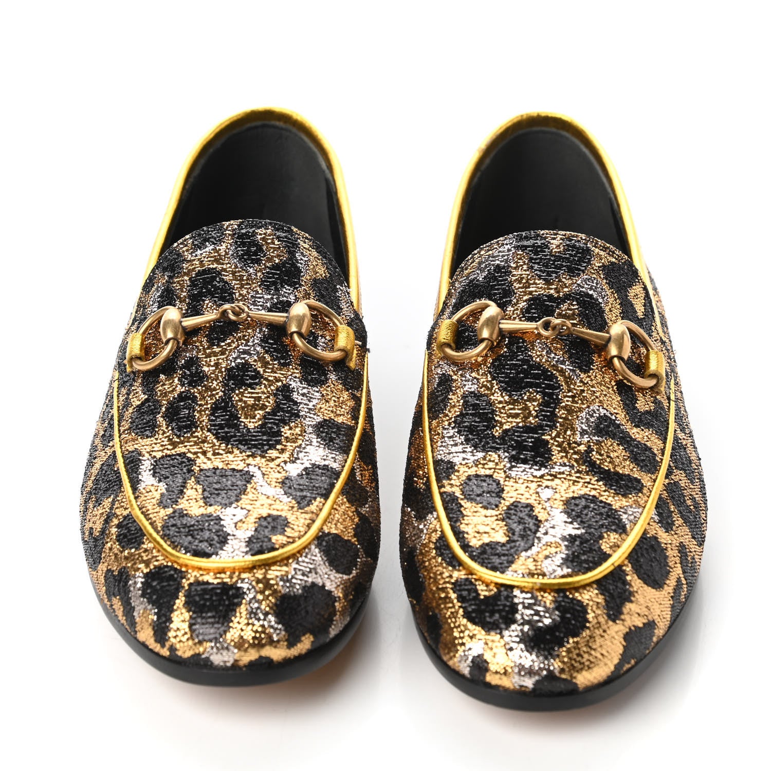 Gucci Jacquard Leopard Print Horsebit Womens Jordaan Loafers 35 Gold 2 of 9