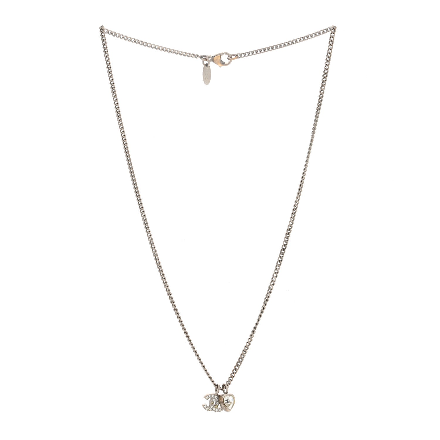 Chanel Crystal Mini Heart CC Necklace Silver 3 of 4