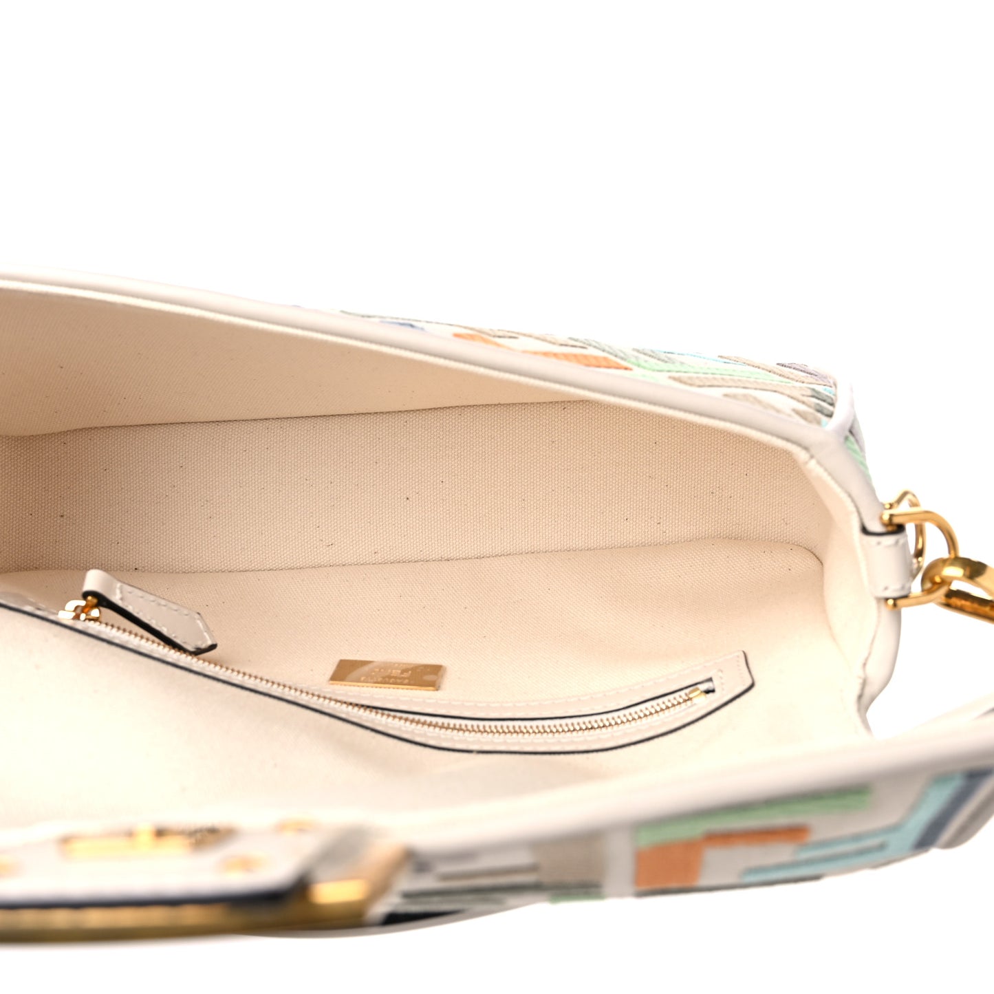 Canvas Vitello Seta FF Multicolor Embroidered Baguette Grezzo Multicolor Latte