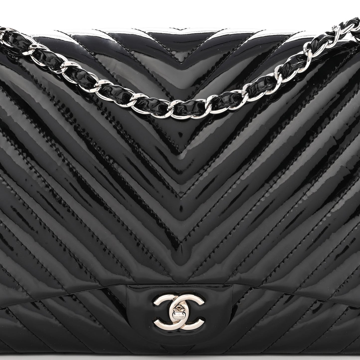 Patent Chevron Quilted Maxi Single Flap Black