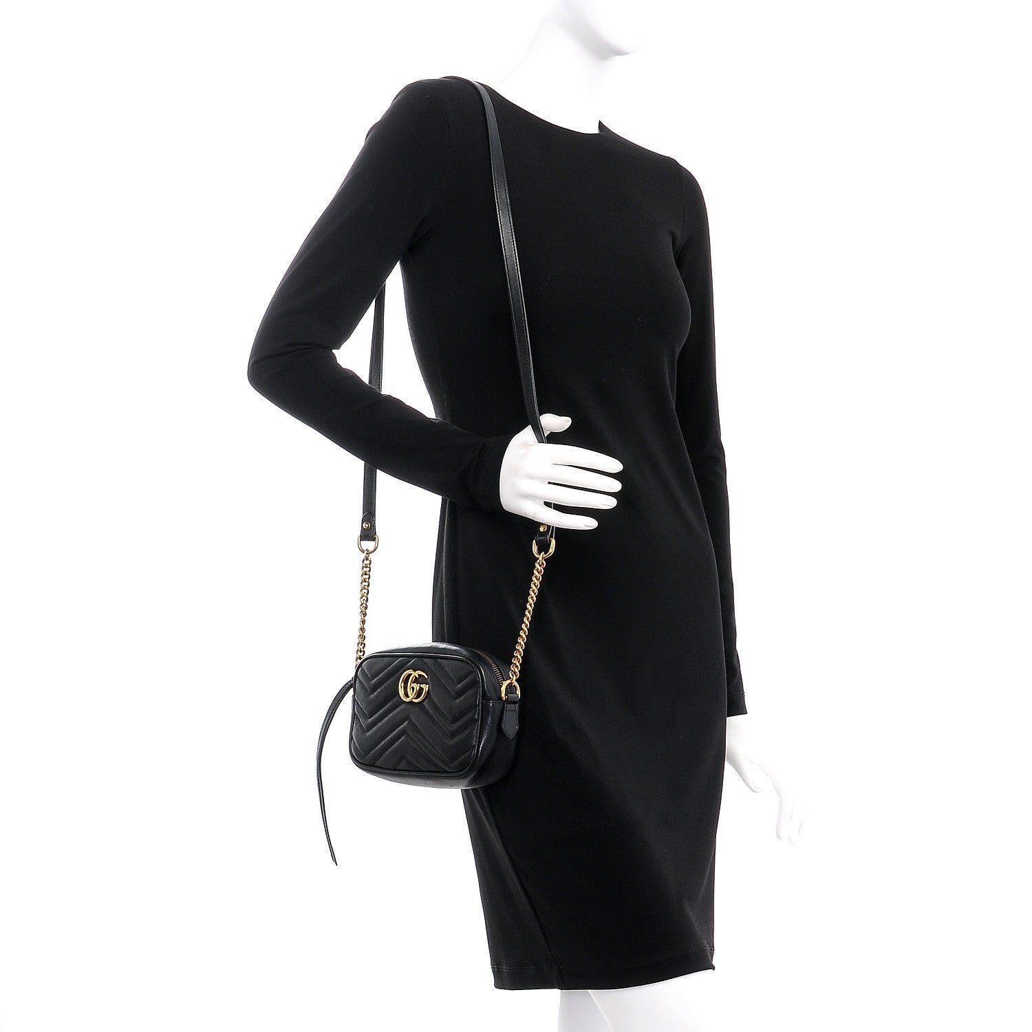 Gucci Calfskin Matelasse Mini GG Marmont Chain Shoulder Bag Black 2 of 8