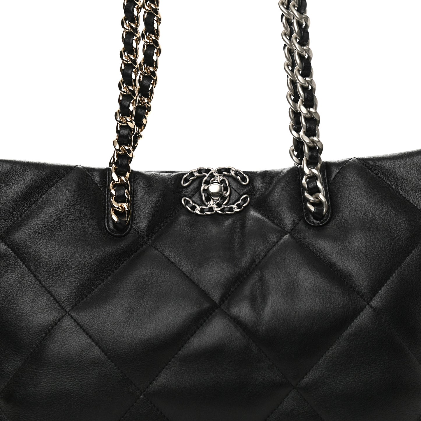Lambskin Quilted Chanel 19 East West Shopping Bag Black