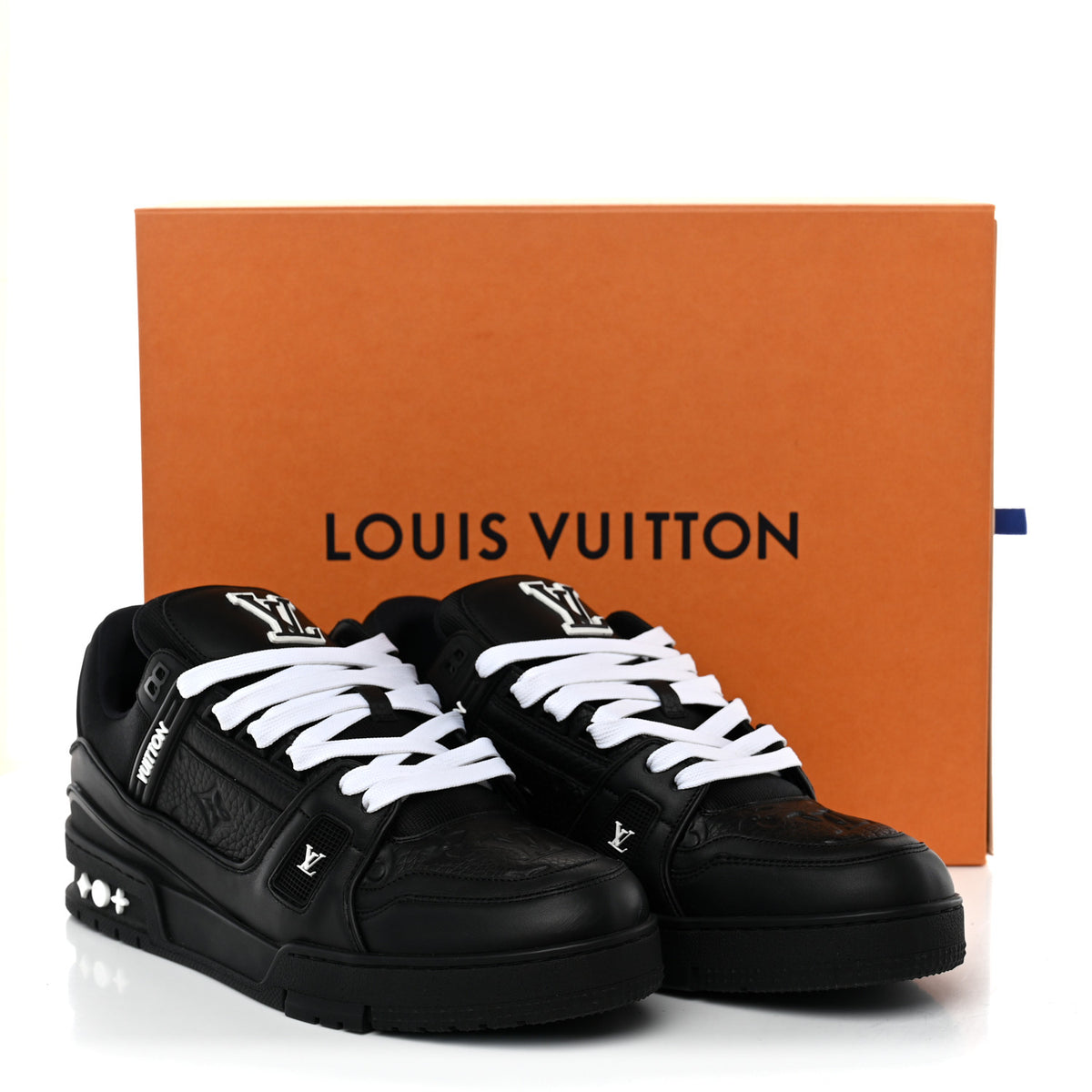 Calfskin Embossed Monogram Mens LV Trainer Sneakers 8.5 Black