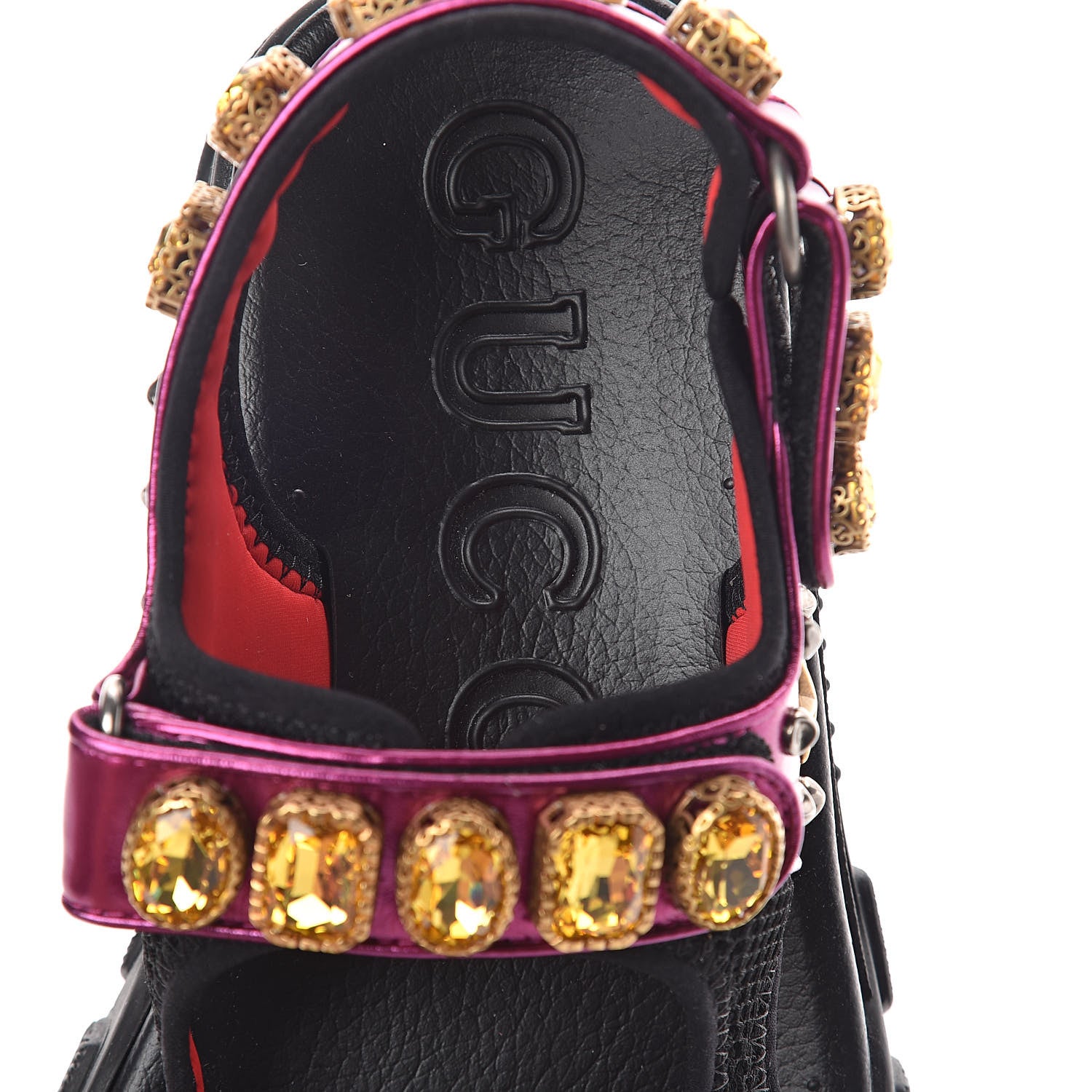 Gucci Nappa Mesh Crystal Embellished Studded Womens Aguru Sandals 40 Pink Black 5 of 8
