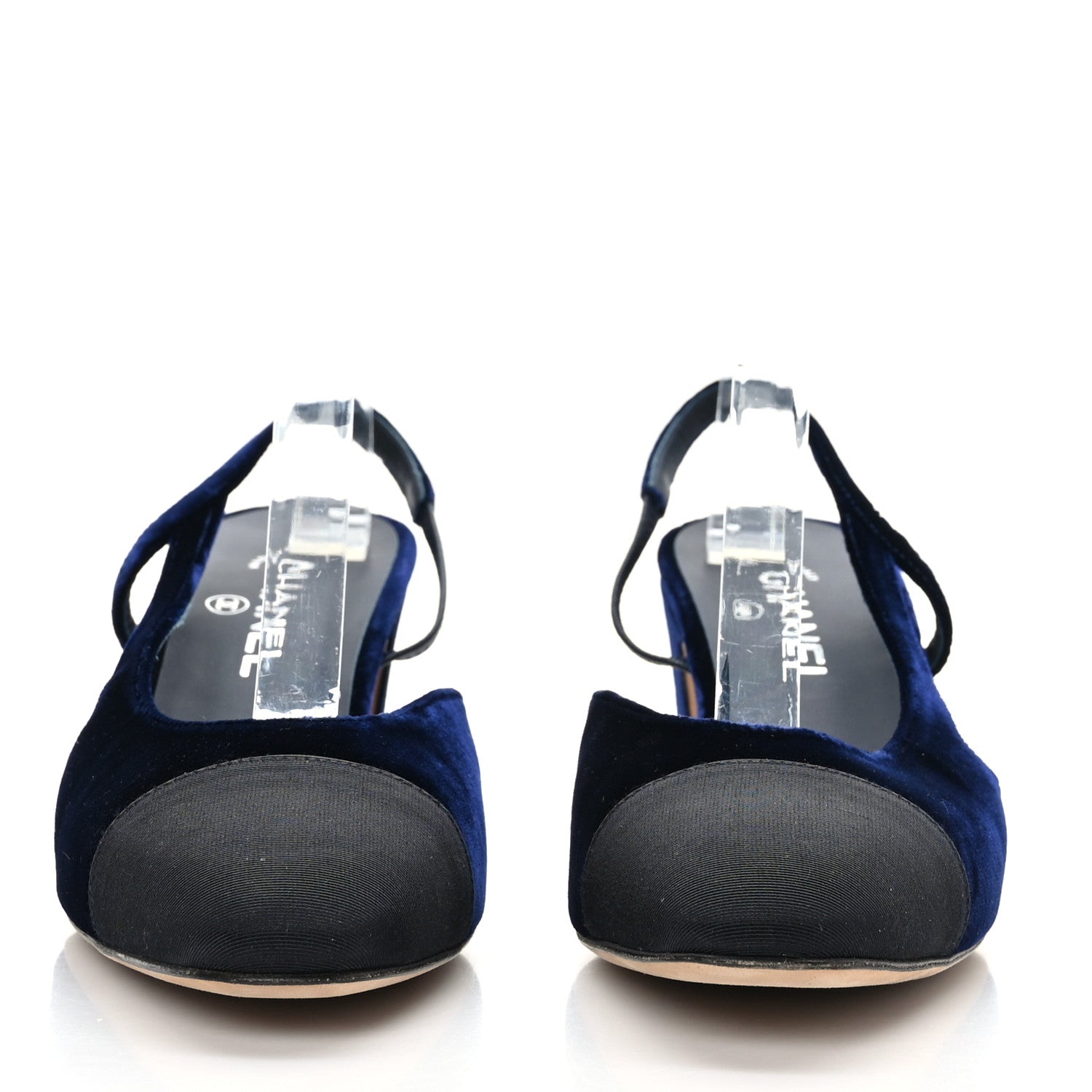 Chanel Velvet Grosgrain Cap Toe CC Slingback Pumps 40.5 Blue Black 2 of 8