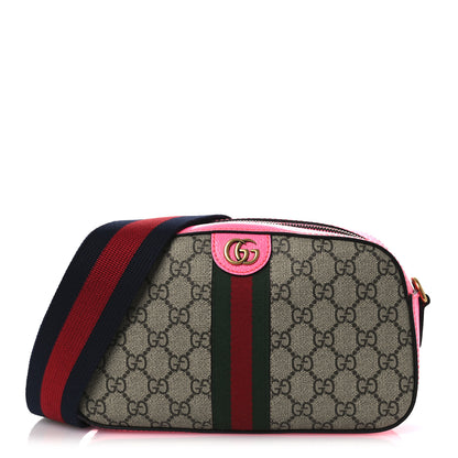 Gucci GG Supreme Monogram Textured Dollar Calfskin Web Ophidia Small Crossbody Bag Beige Ebony Fuchsia 1 of 10