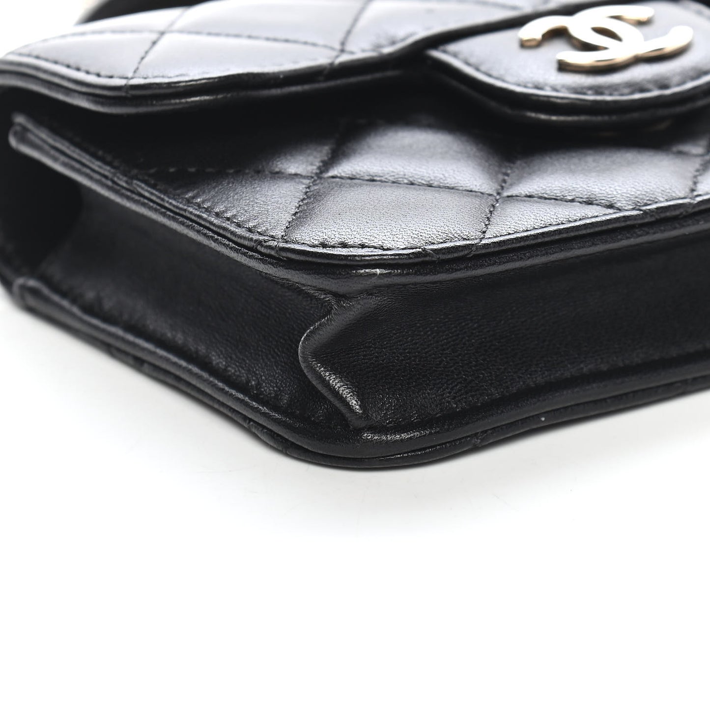Lambskin Quilted Top Handle Flap Coin Purse With Chain Black