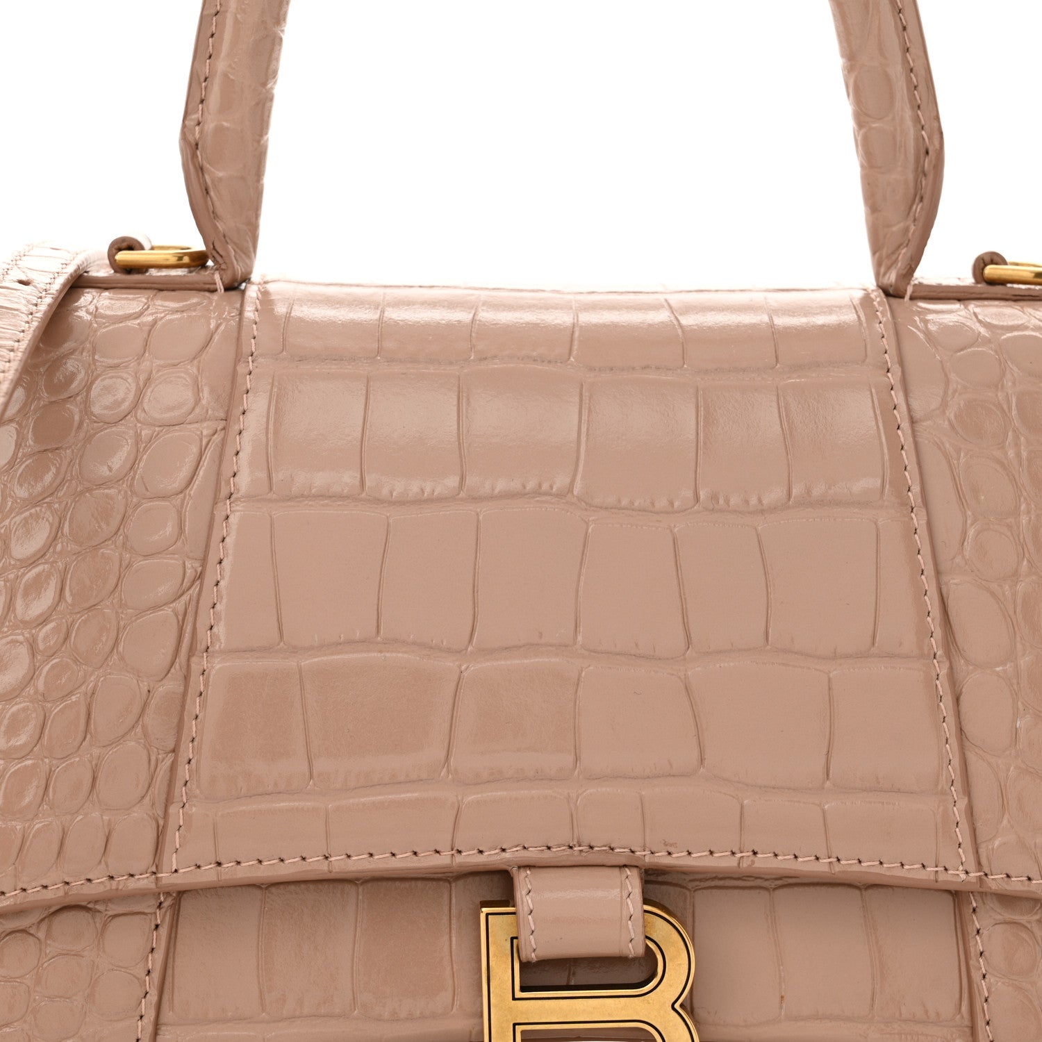 Balenciaga Shiny Calfskin Crocodile Embossed Small Hourglass Top Handle Bag Nude Beige 8 of 13