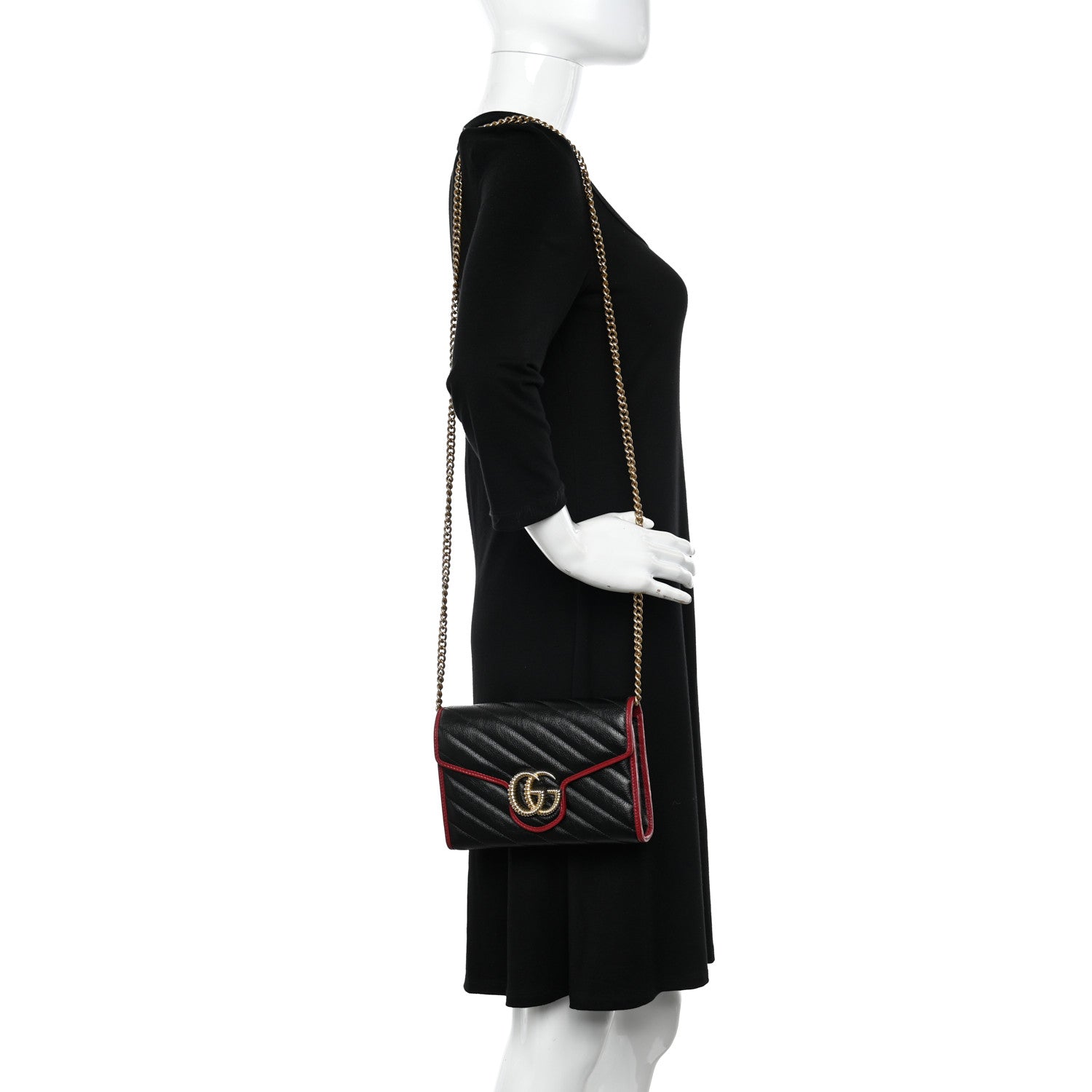 Gucci Vintage Effect Calfskin Matelasse Diagonal Torchon GG Marmont Chain Wallet Black Romantic Cherry 2 of 11
