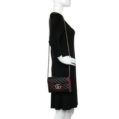Gucci Vintage Effect Calfskin Matelasse Diagonal Torchon GG Marmont Chain Wallet Black Romantic Cherry 2 of 11