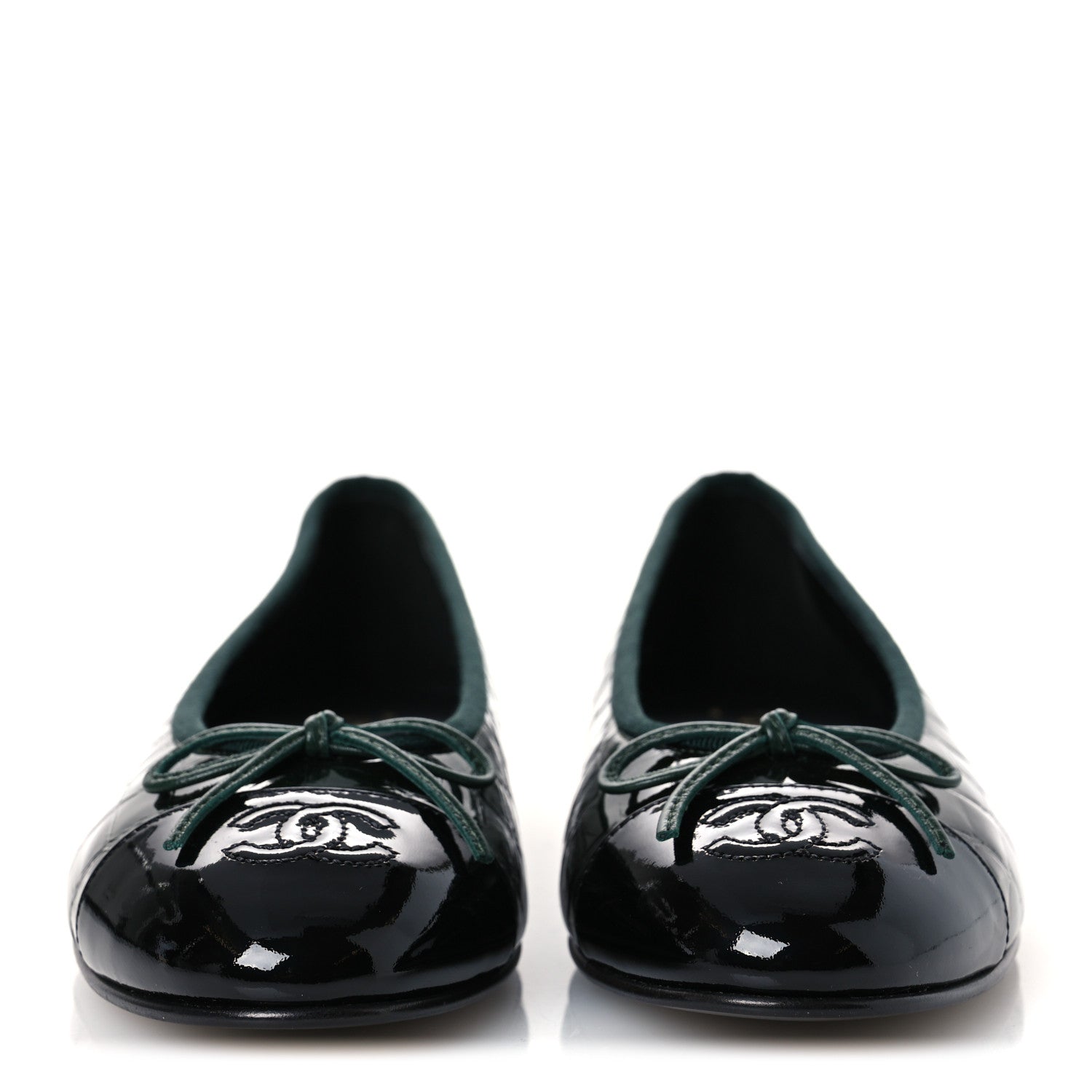 Chanel Crocodile Embossed Patent Calfskin Cap Toe CC Ballerina Flats 37.5 Dark Green Black 3 of 11