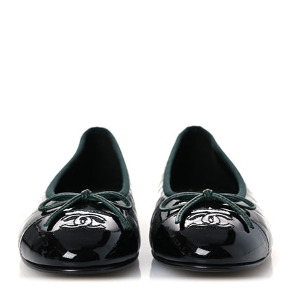 Chanel Crocodile Embossed Patent Calfskin Cap Toe CC Ballerina Flats 37.5 Dark Green Black 3 of 11