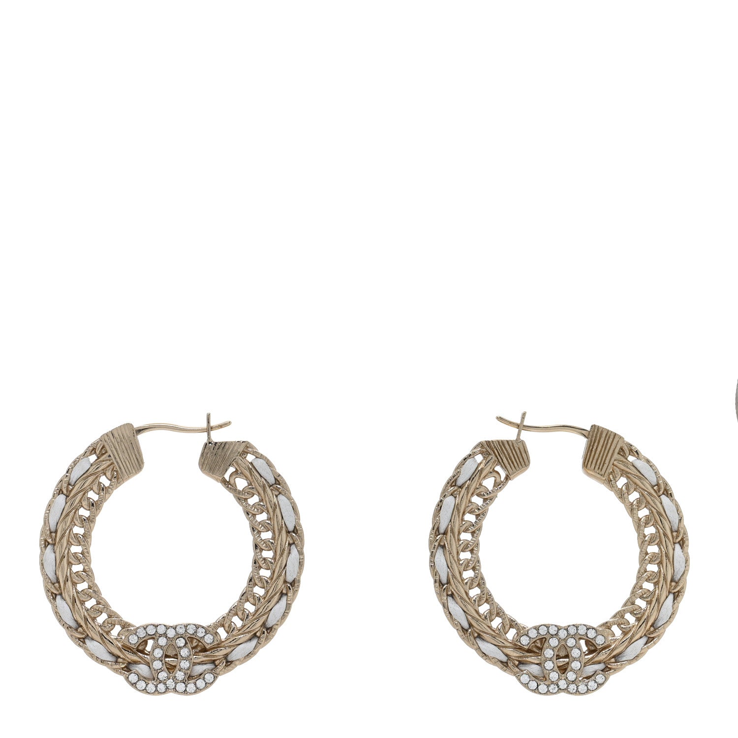Chanel Crystal Lambskin CC Chain Hoop Earrings Gold White 1 of 4