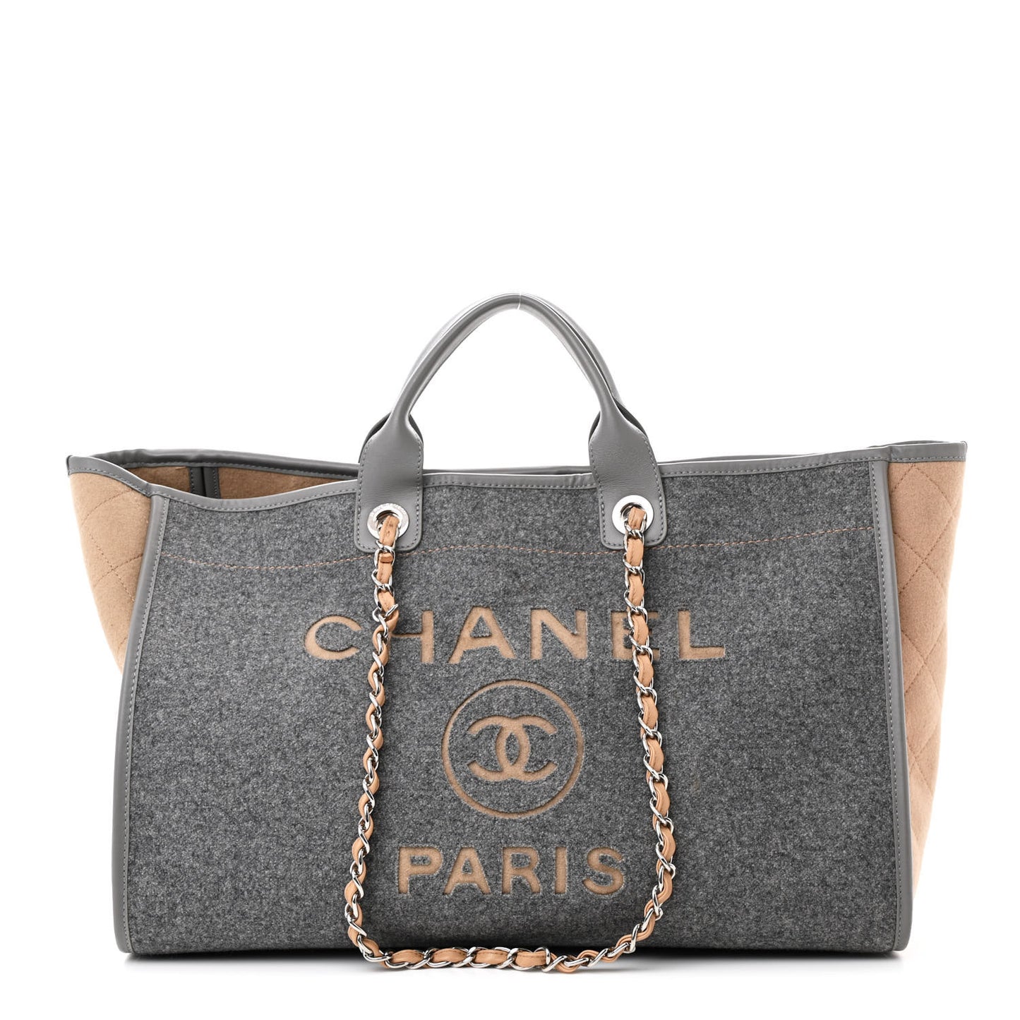 Wool Felt Calfskin Large Deauville Tote Grey Beige