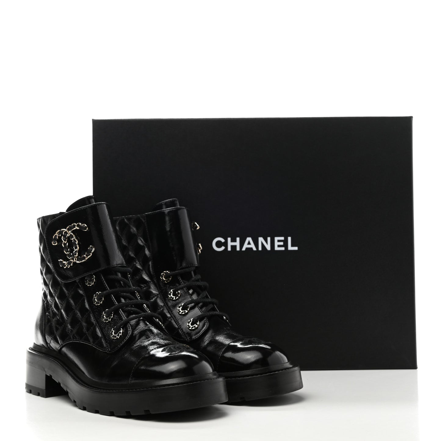 Shiny Calfskin Quilted Lace Up Combat Boots 38.5 Black
