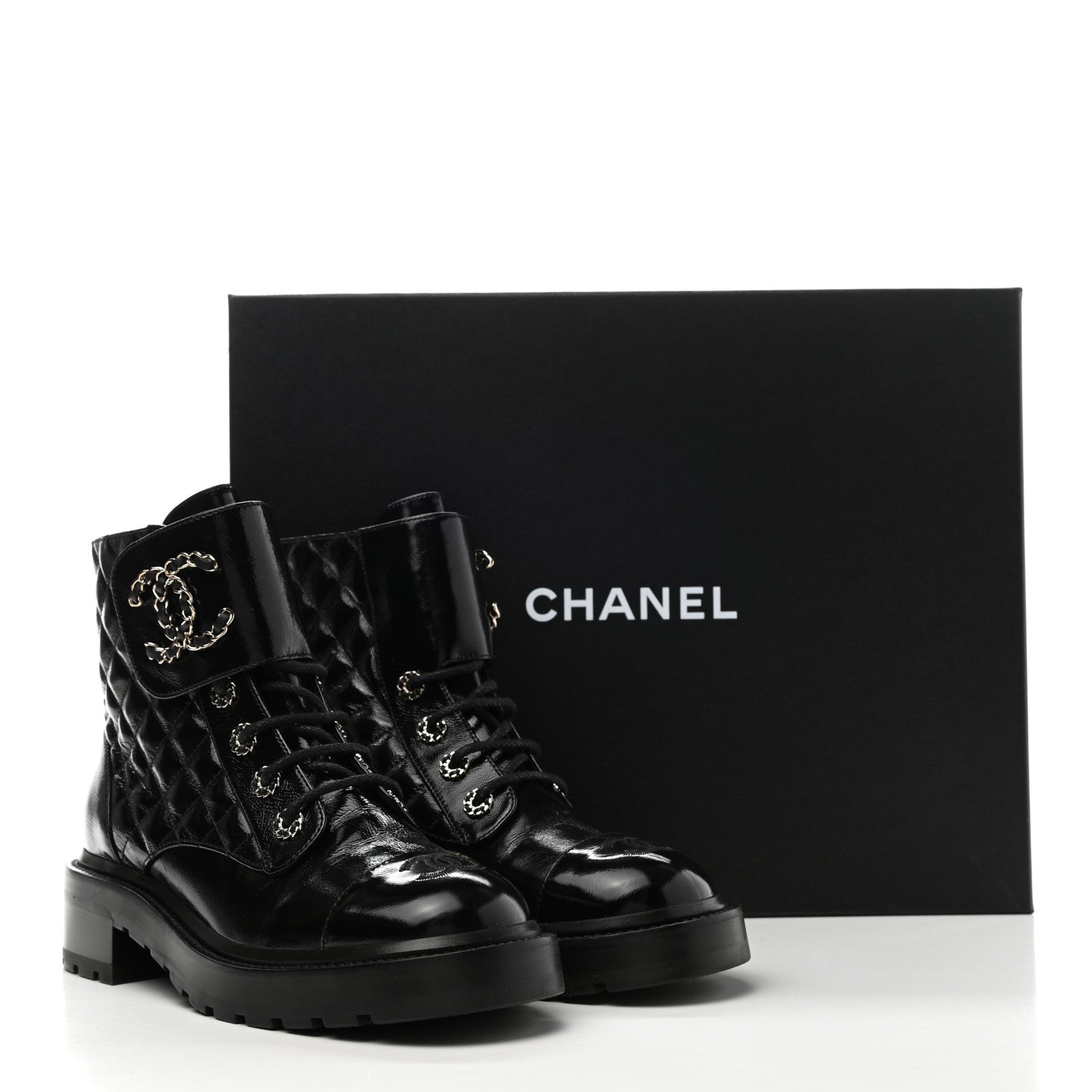 Chanel Shiny Calfskin Quilted Lace Up Combat Boots 38.5 Black 10 of 10