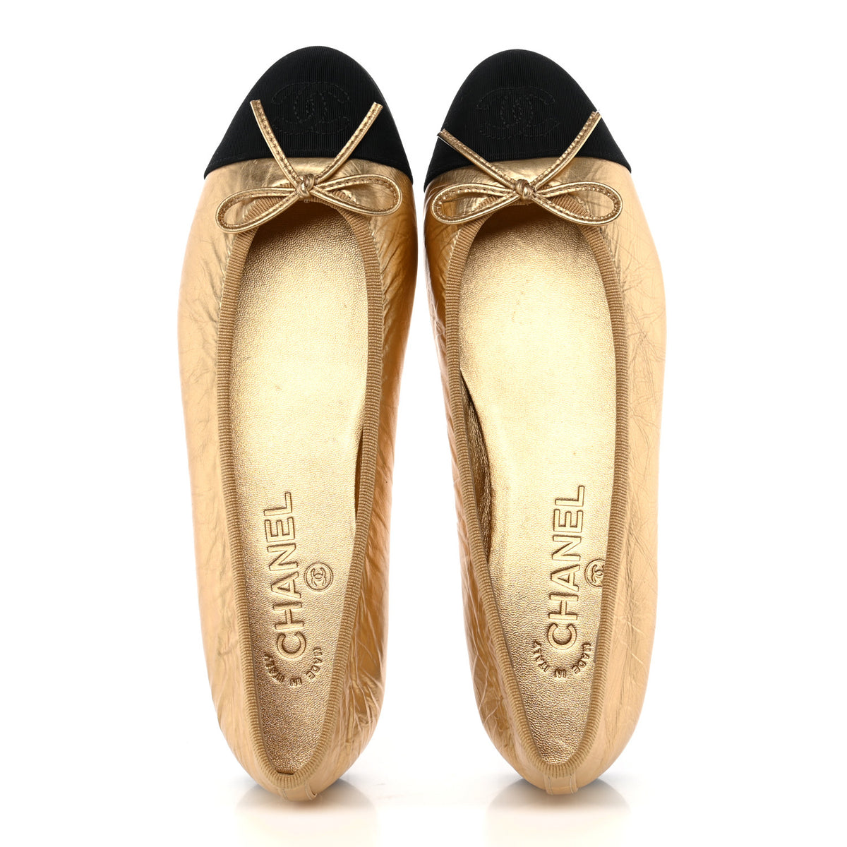 Chanel Metallic Laminated Lambskin Grosgrain CC Cap Toe Ballerina Flats 38 Dark Gold Black 5 of 11