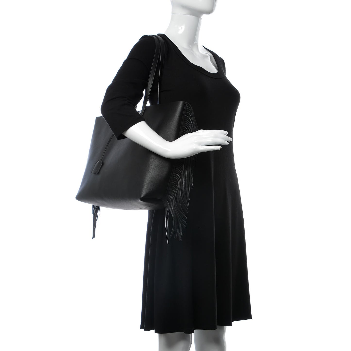 Calfskin Large Fringe Shopping Tote Black