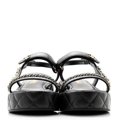 Chanel Lambskin Quilted Chain CC Platform Sandals 37.5 Black 2 of 10