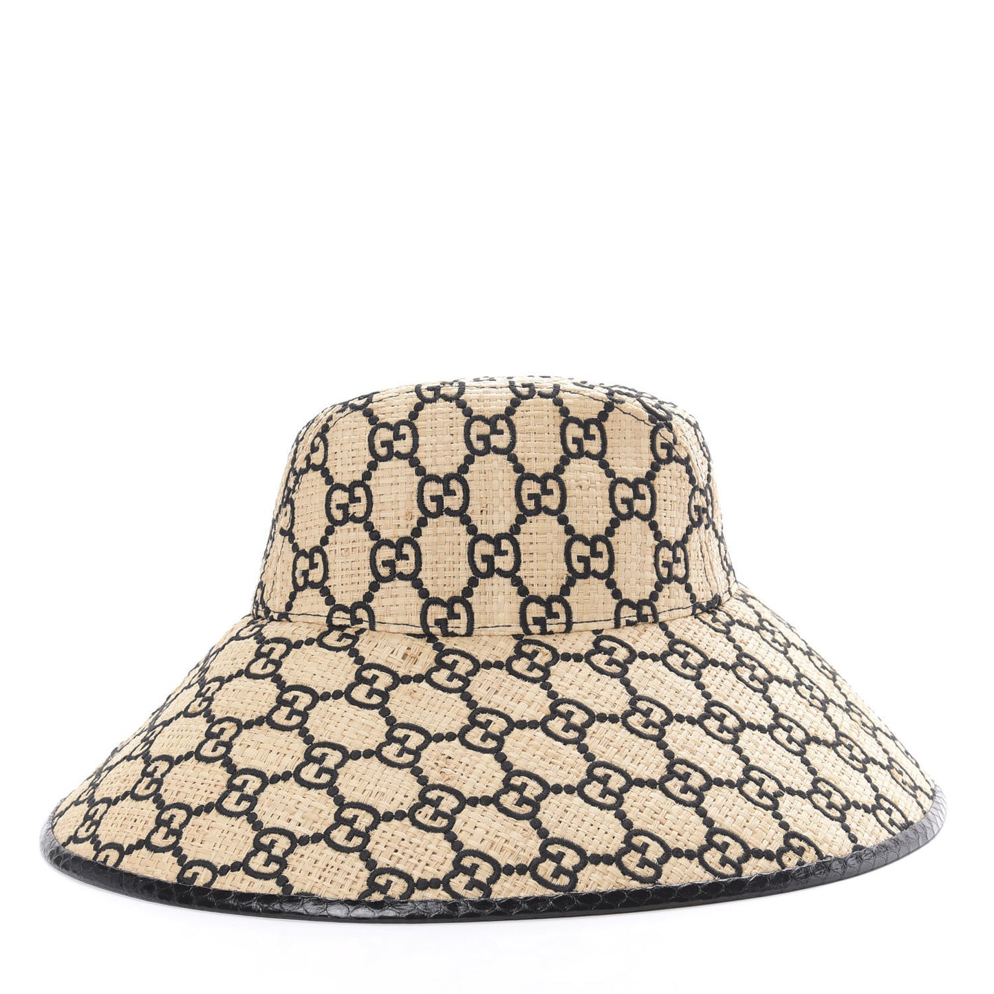 Raffia Elaphe GG Monogram Embroidered Wide Brim Hat Ivory Black