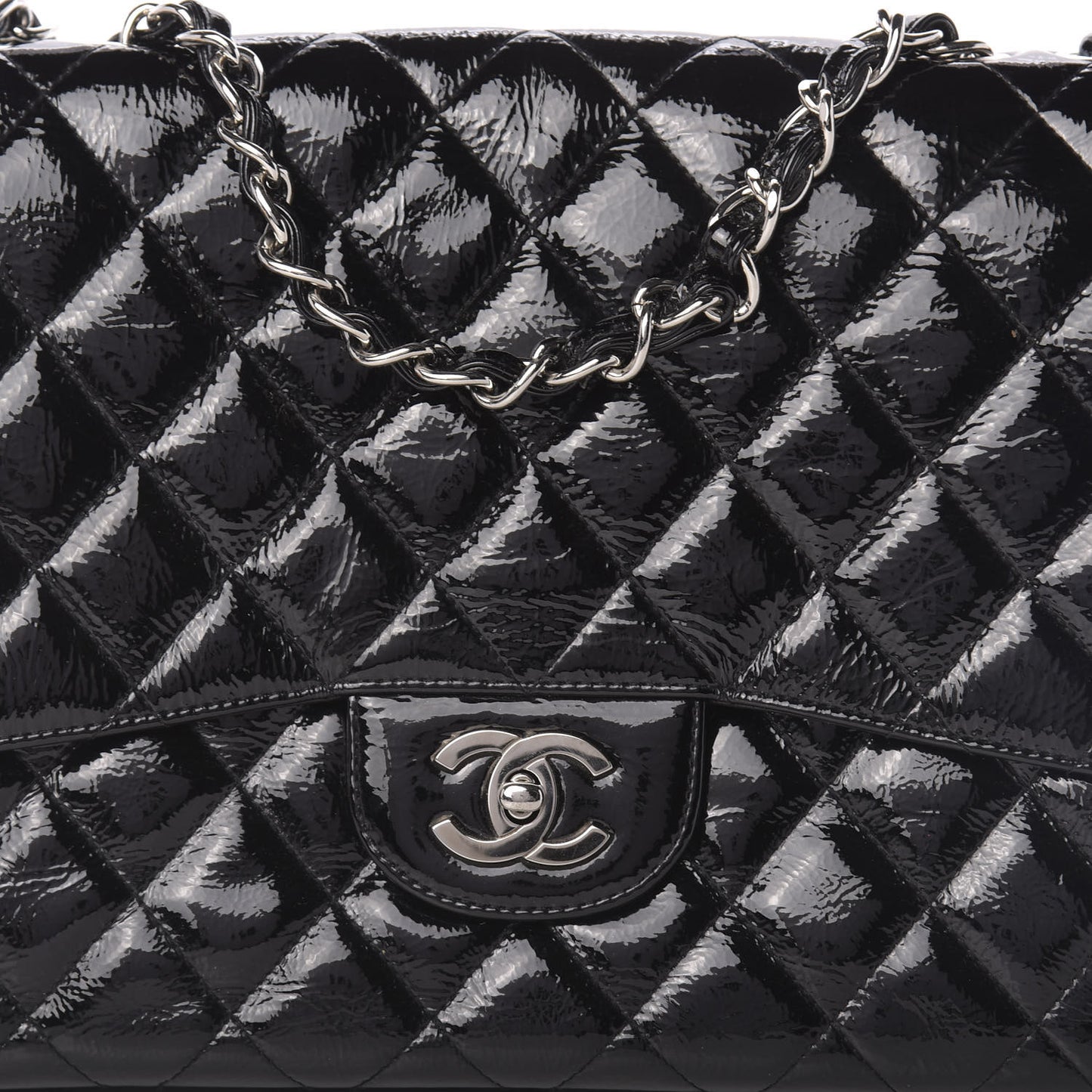 Distressed Patent Quilted Jumbo Single Flap Black