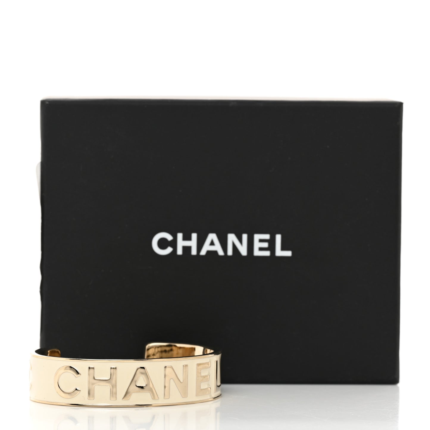 Metal Enamel Chanel Logo Cuff Bracelet S White