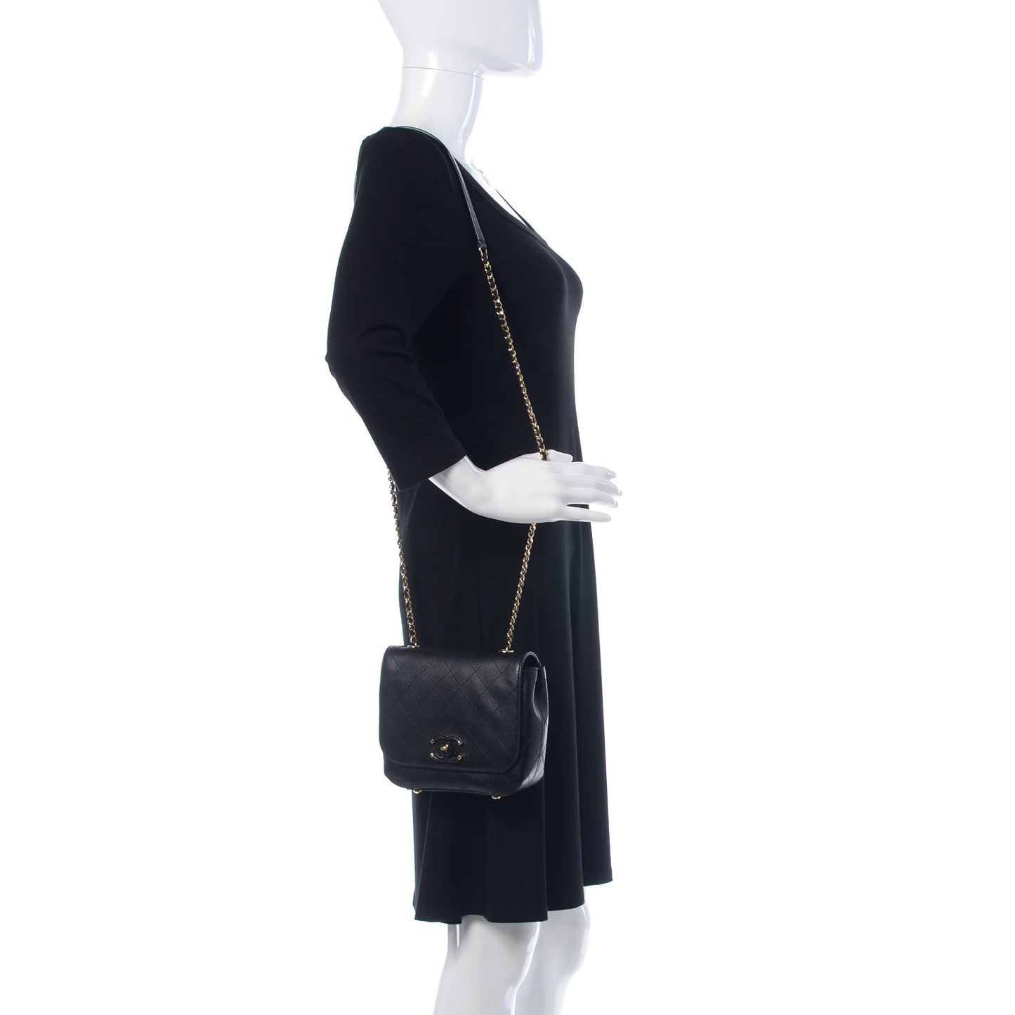 Calfskin Stitched Small Covered CC Flap Bag Black