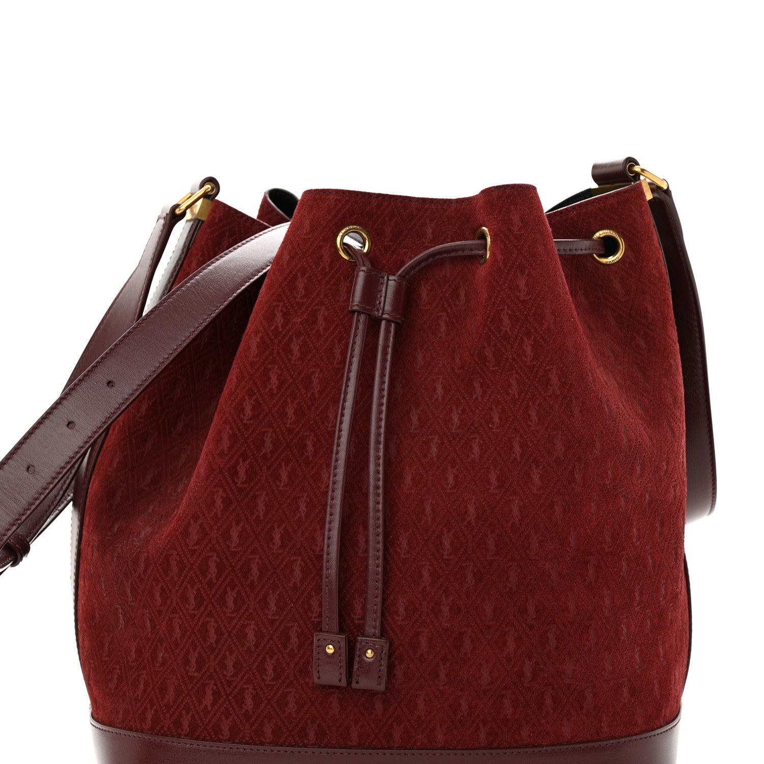 Saint Laurent Suede All-Over Monogram Bucket Bag Burgundy 8 of 10