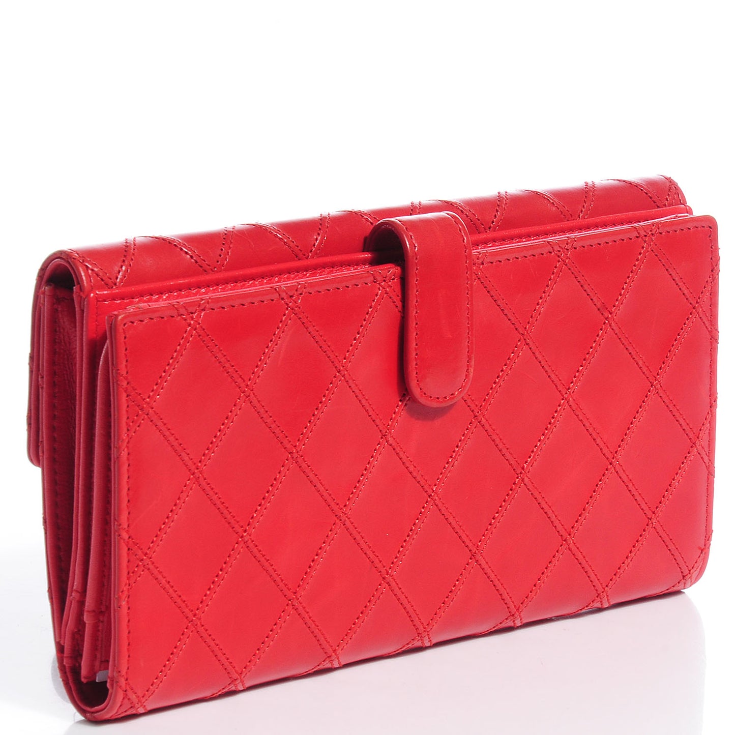 Lambskin Diamond Stitched Long Flap Wallet Red