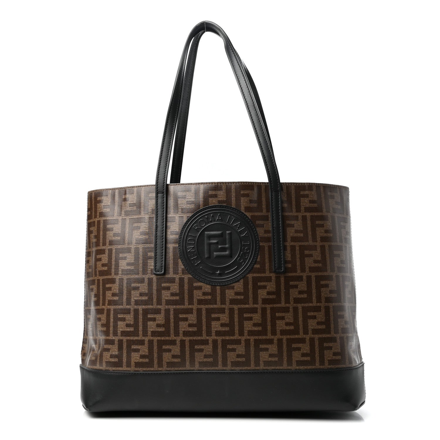Fendi Glazed Fabric Vitello Century FF 1974 Stamp Patch Shopping Tote Mogano Panna Black 1 of 10