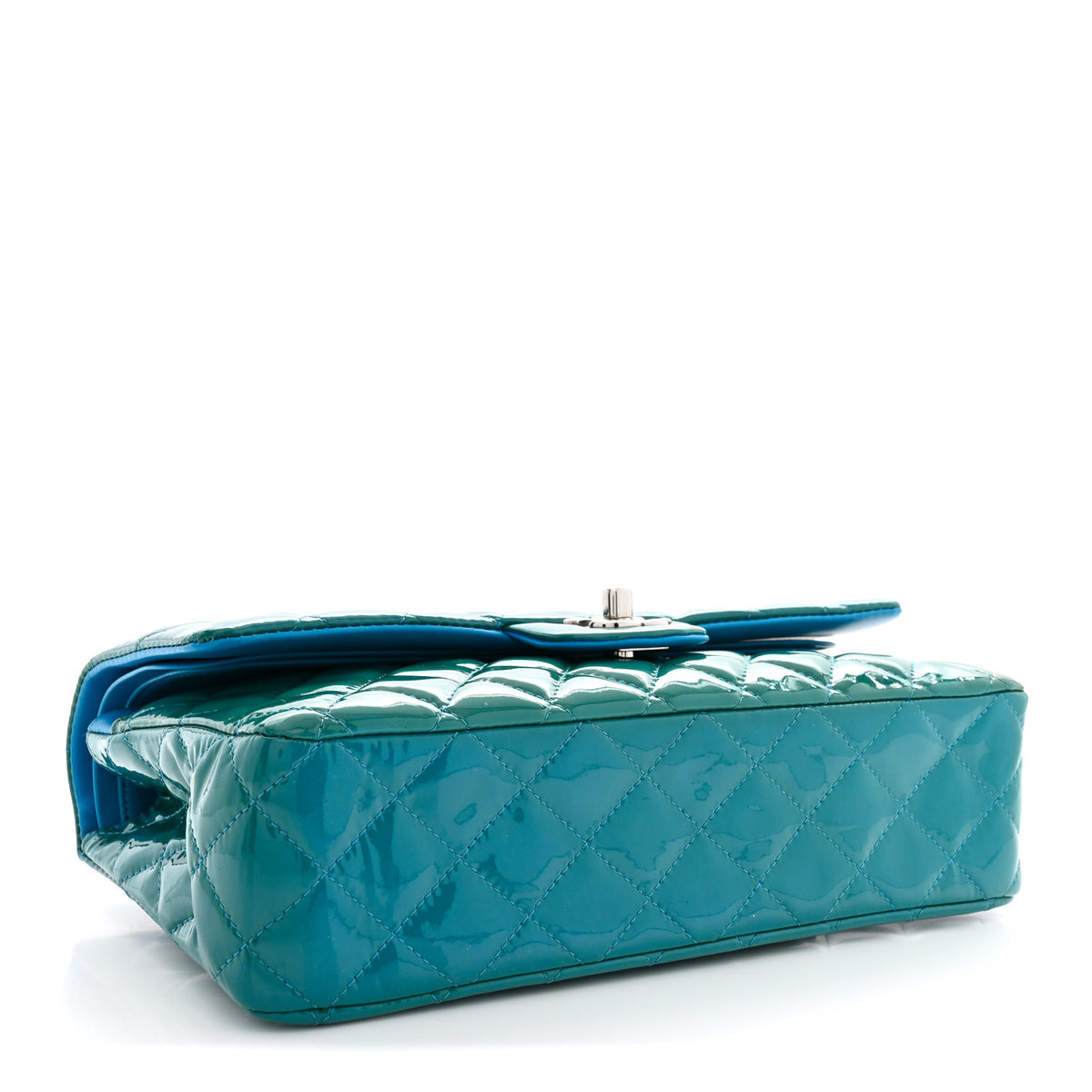 Patent Calfskin Quilted Medium Double Flap Turquoise
