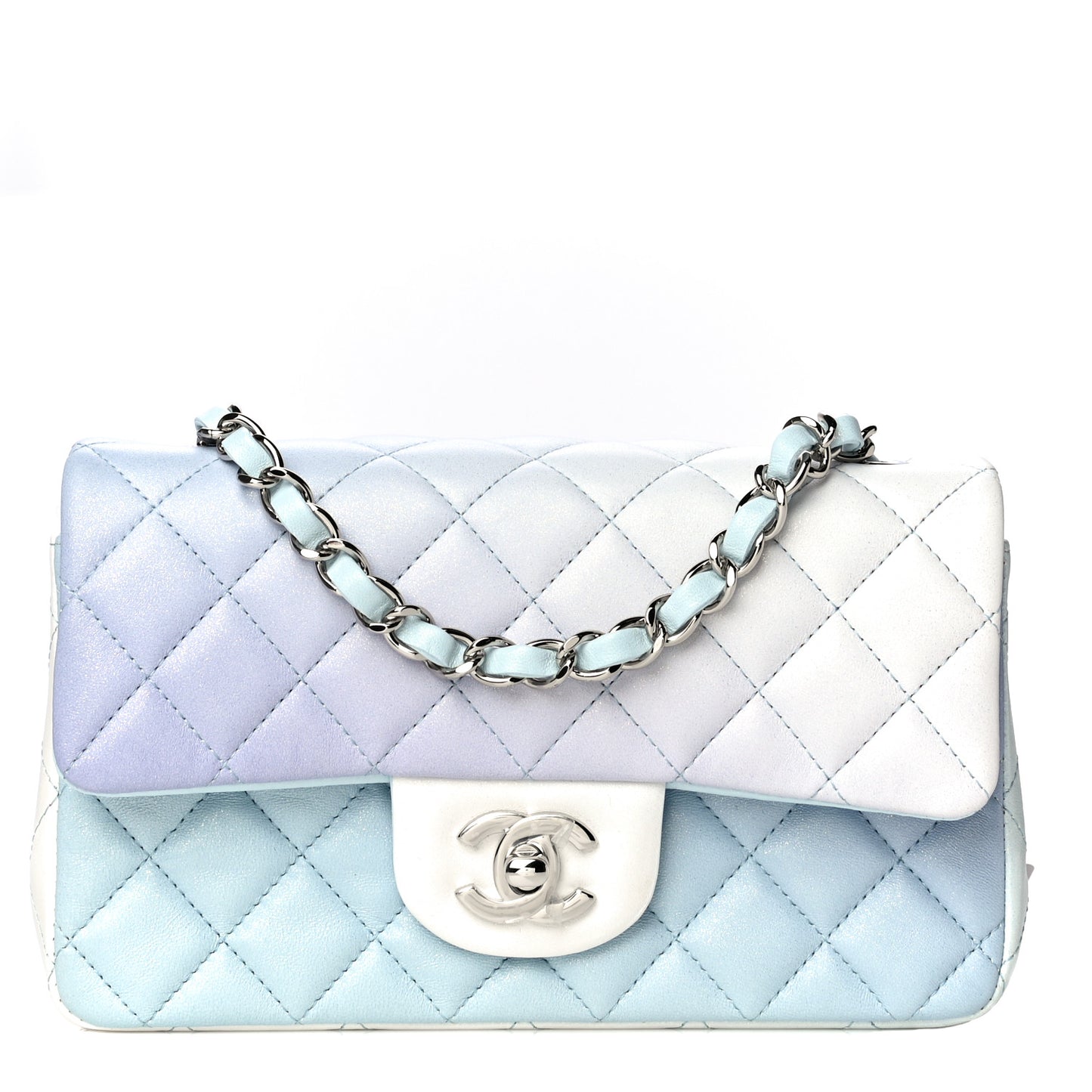Perforated Lambskin Quilted Mini Rectangular Flap Light Blue Light Purple White