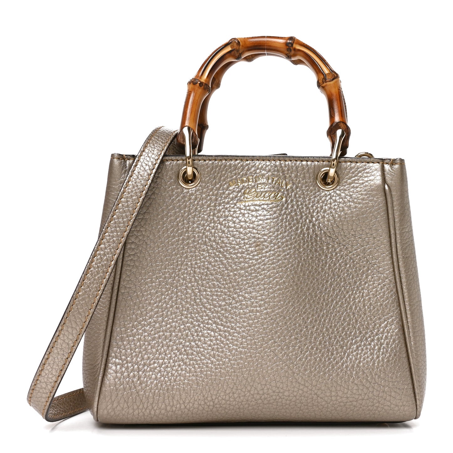 Metallic Calfskin Mini Bamboo Shopper Tote Golden Beige