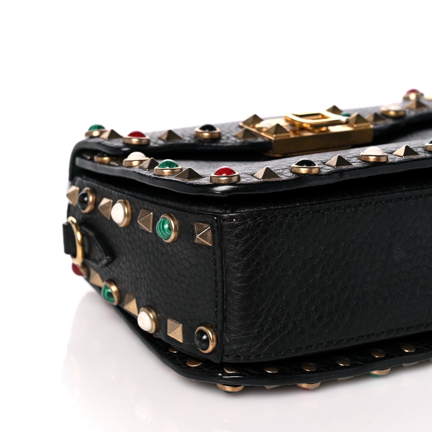 Pebbled Calfskin Rockstud Rolling Flip Lock Crossbody Bag Black