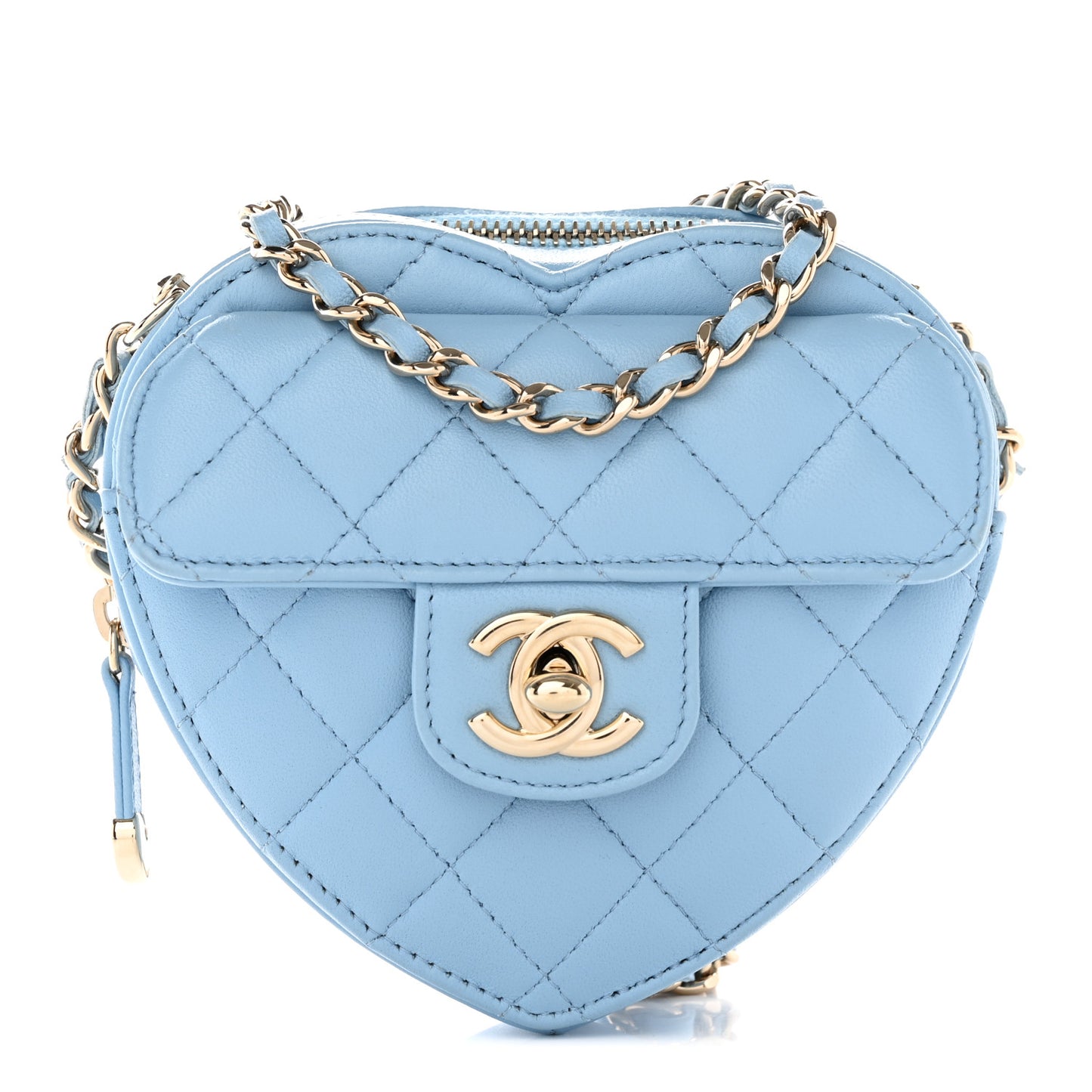 Lambskin Quilted CC In Love Heart Clutch With Chain Light Blue