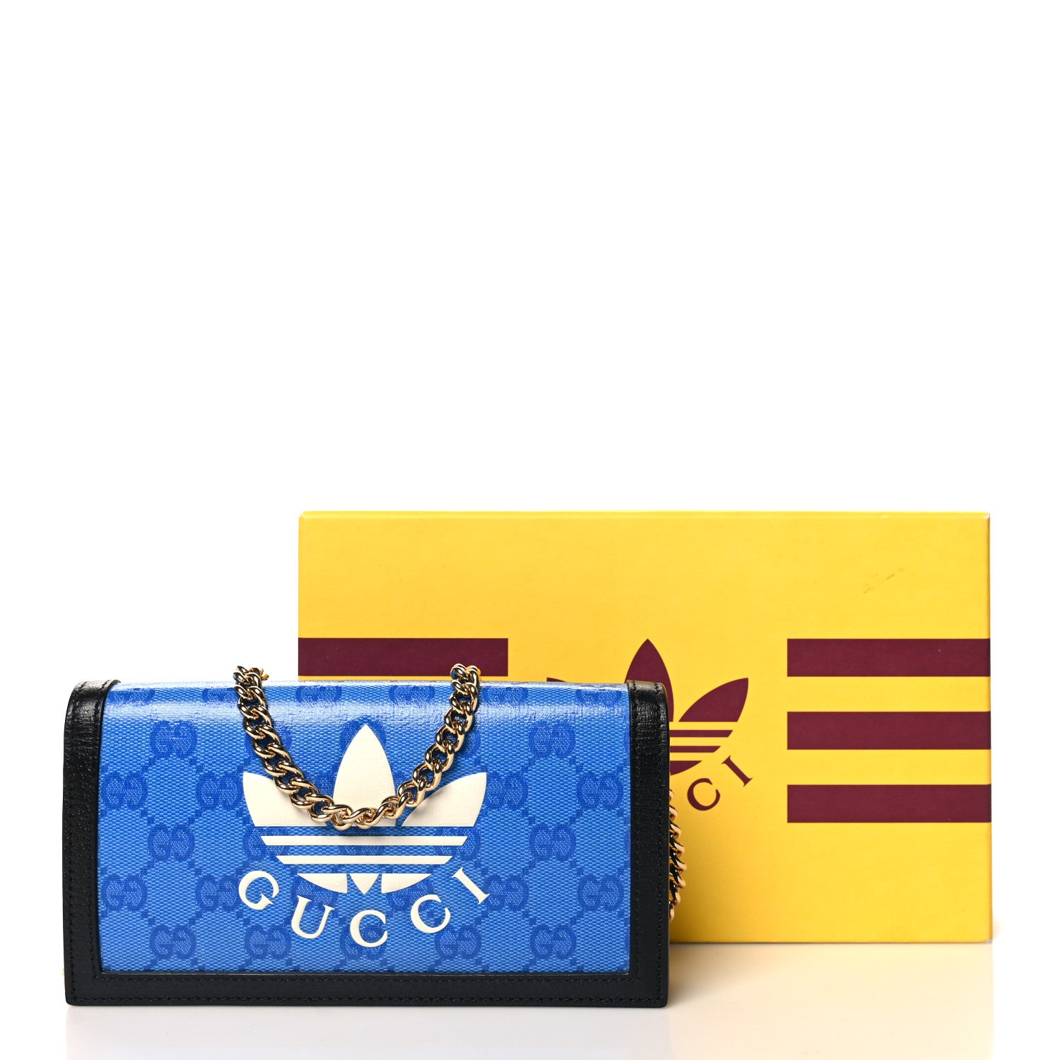Gucci X ADIDAS Monogram Textured Dollar Calfskin Trefoil Embossed Wallet On Chain Blue 11 of 11