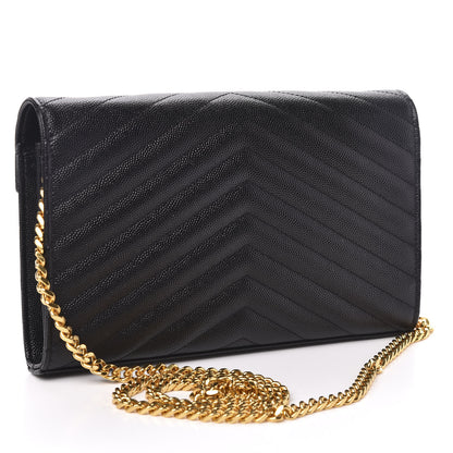 Saint Laurent Grain De Poudre Matelasse Chevron Monogram Chain Wallet Black 3 of 10