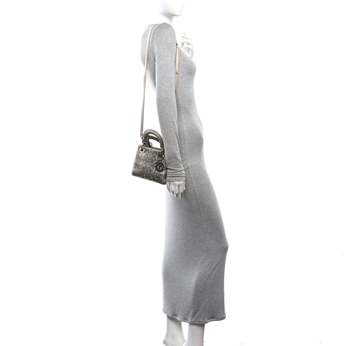 Satin Crystal Cannage Mini Lady Dior Gray